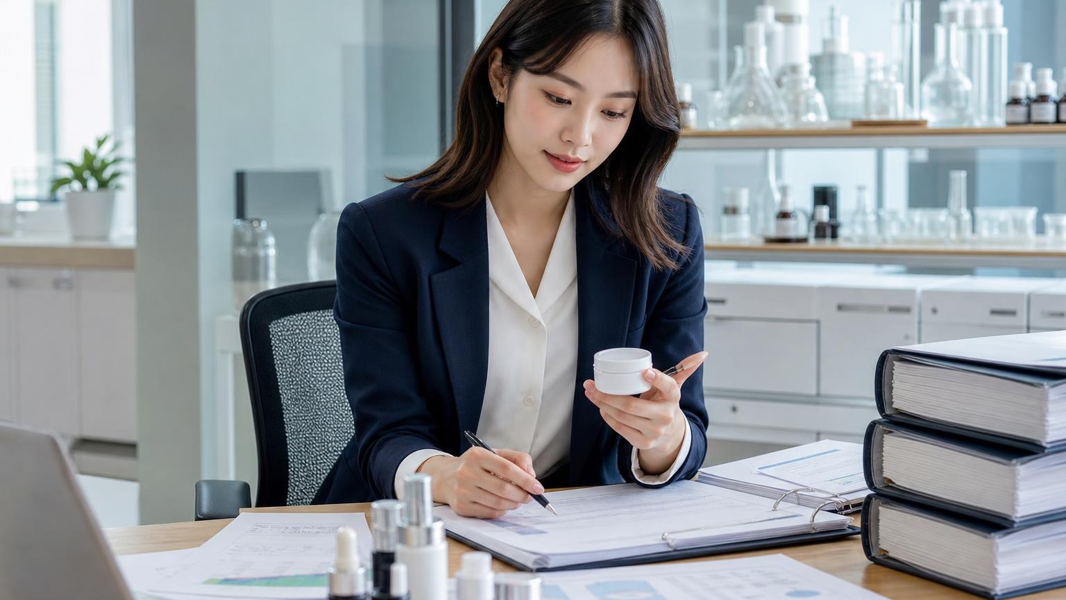 화장품 생산 수입실적과 원료목록 보고 자료를 검토하는 실무자, 서류닷컴